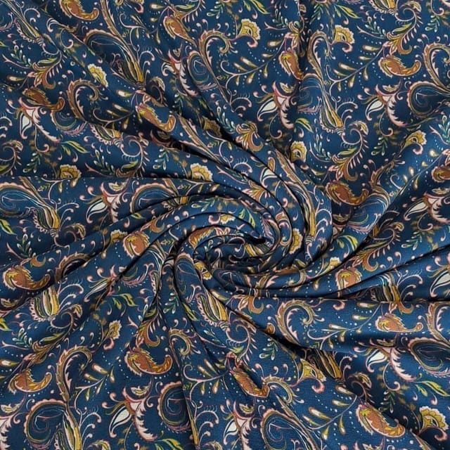 Navy Blue Colour Pure Crepe Printed Fabric