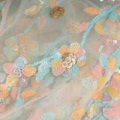 Blue Colour Net Multi Colour Sequins Embroidered Fabric