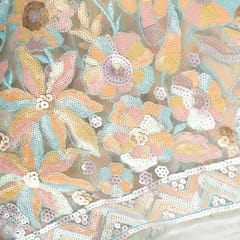 Blue Colour Net Multi Colour Sequins Embroidered Fabric