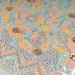 Blue Colour Net Multi Colour Sequins Embroidered Fabric
