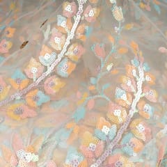 Blue Colour Net Multi Colour Sequins Embroidered Fabric