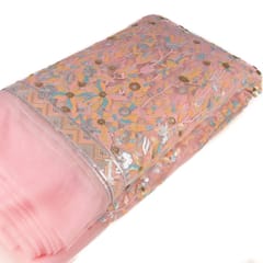 Pink Colour Net Multi Colour Sequins Embroidered Fabric