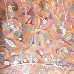Pink Colour Net Multi Colour Sequins Embroidered Fabric