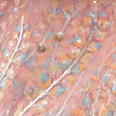 Pink Colour Net Multi Colour Sequins Embroidered Fabric