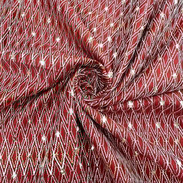 Red Colour Chanderi Zigzag Embroidered Fabric