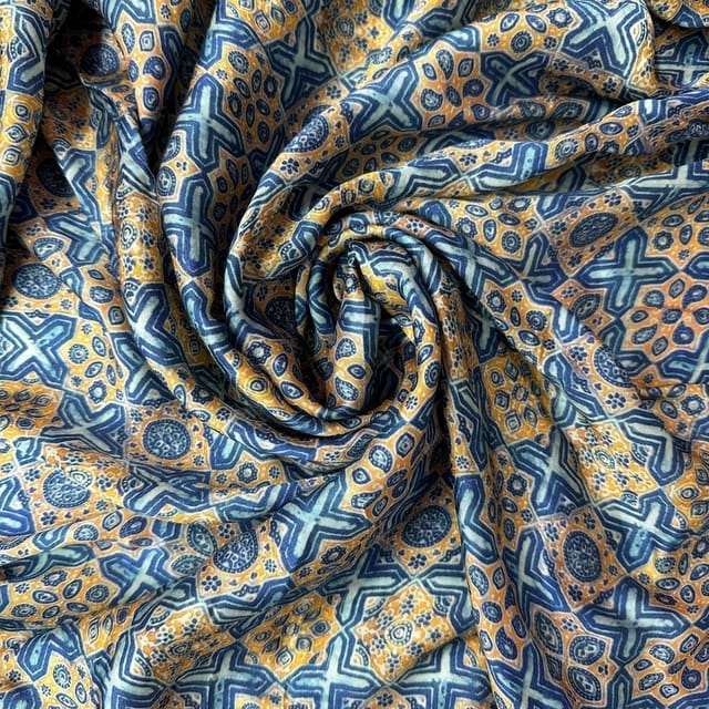 Blue & Yellow Colour  Modal Satin Geometrical Printed Fabric