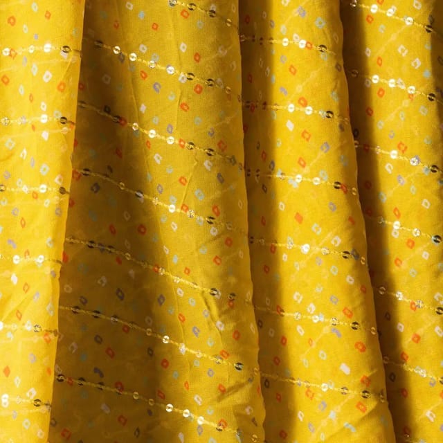 Yellow Colour Pure Viscose Georgette Bandhej Print with Embroidered Fabric