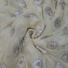 Beige Colour Net Embroidered Fabric