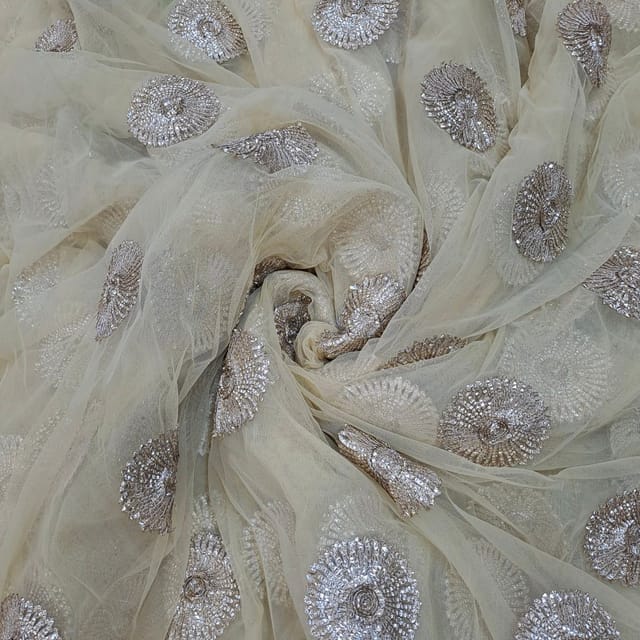 Beige Colour Net Embroidered Fabric