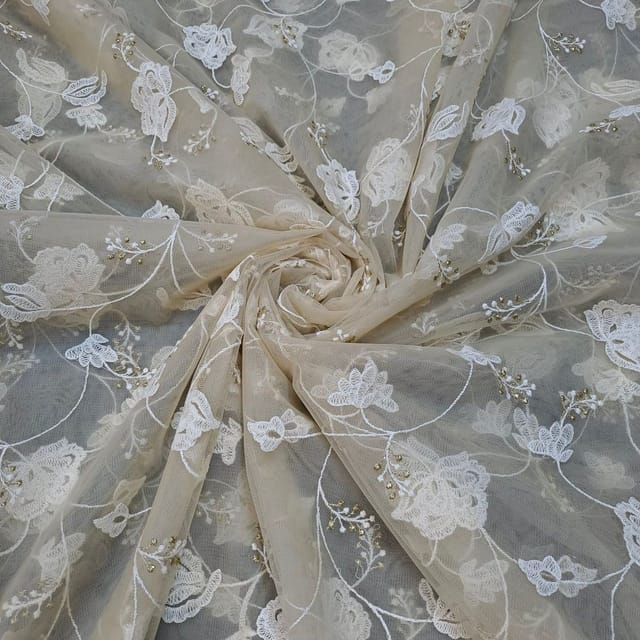 Light Gold Colour Net Embroidered Fabric