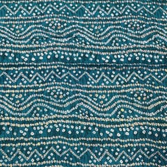 Teal Blue Colour Linen Slub Foil Printed Fabric