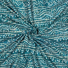 Teal Blue Colour Linen Slub Foil Printed Fabric