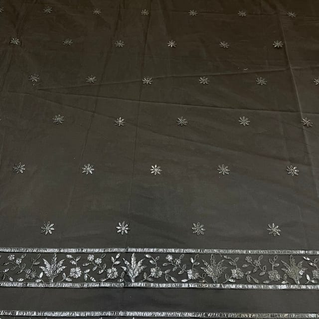 Black Colour Net Embroidered Fabric