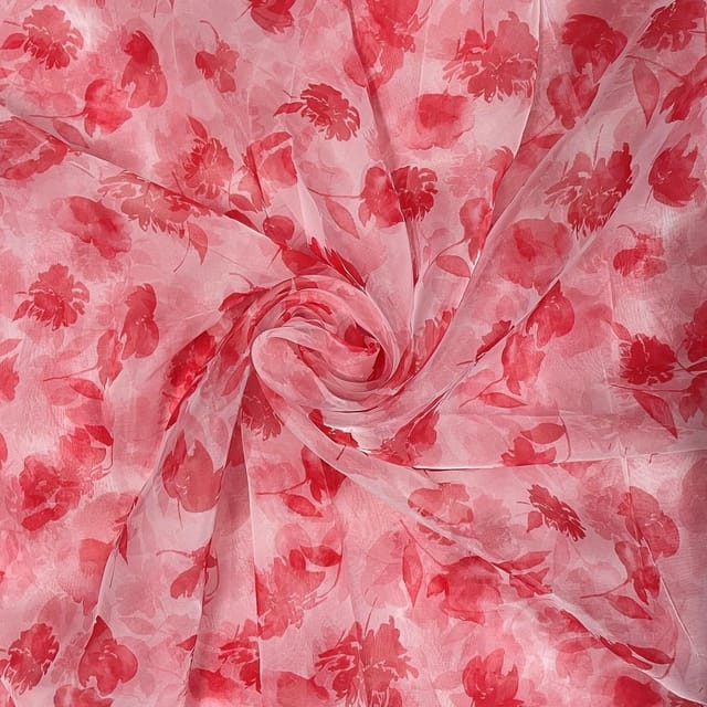 Red Colour Organza Printed Fabric