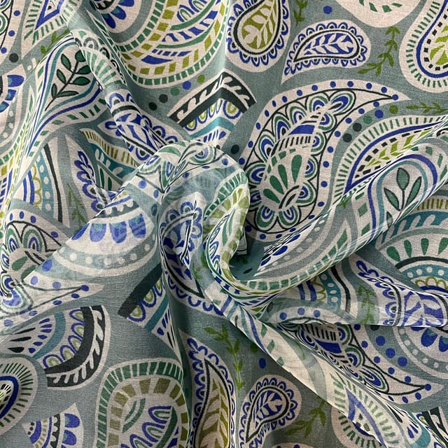 Light Sea Green Colour Organza Printed Fabric