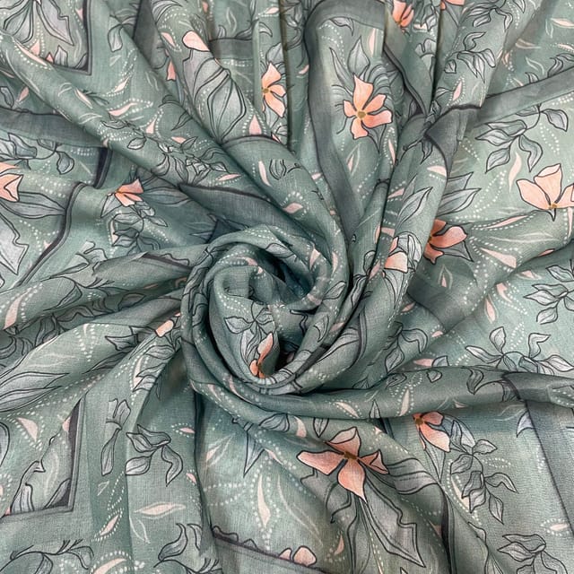 Green Colour Muslin Printed Fabric
