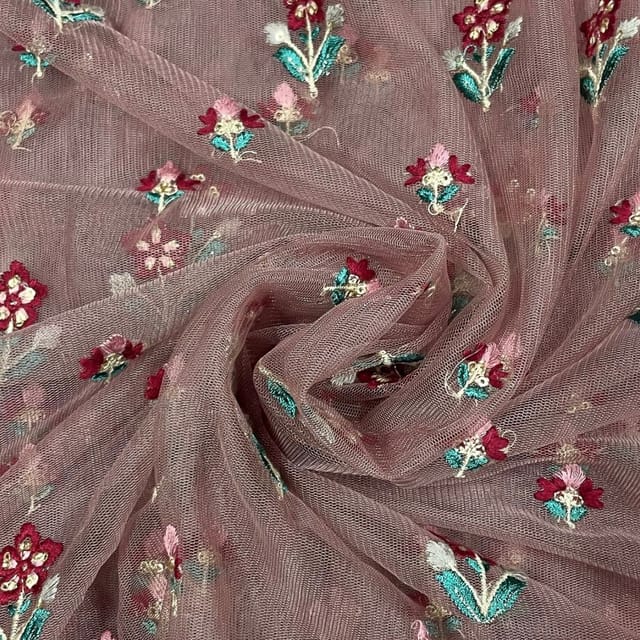 Dull Pink Colour Net Embroidered Fabric