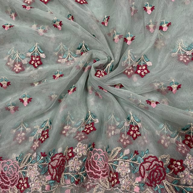 Light Green Colour Net Embroidered Fabric