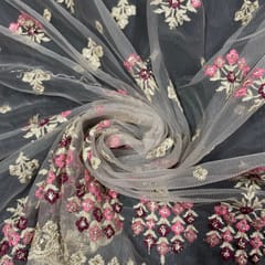 Pink Colour Net Embroidered Fabric
