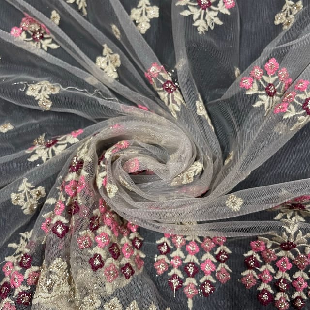 Pink Colour Net Embroidered Fabric