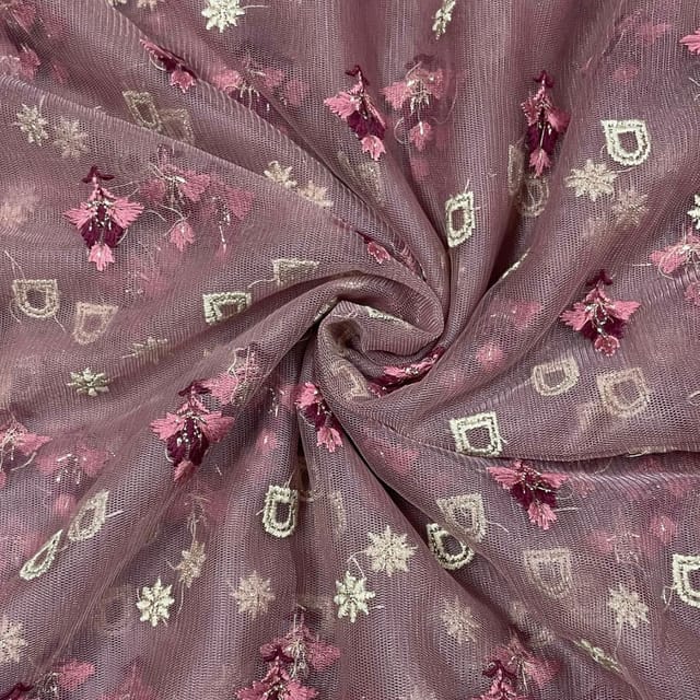 Dull Pink Colour Net Embroidered Fabric