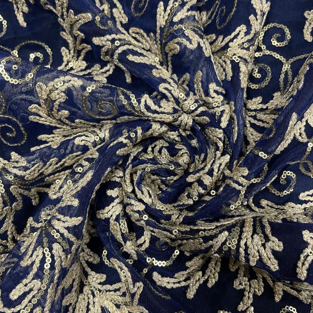 Blue Colour Net Embroidered Fabric