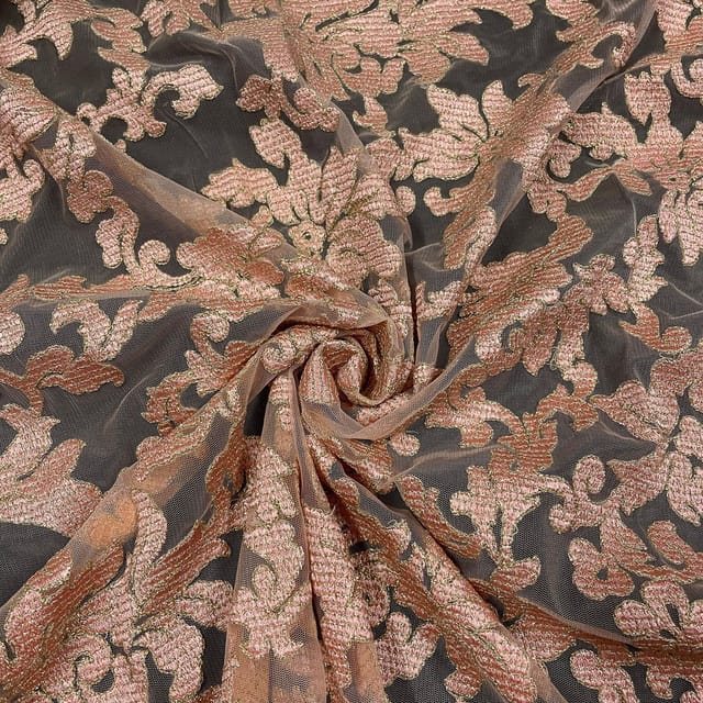 Peach Colour Net Embroidered Fabric