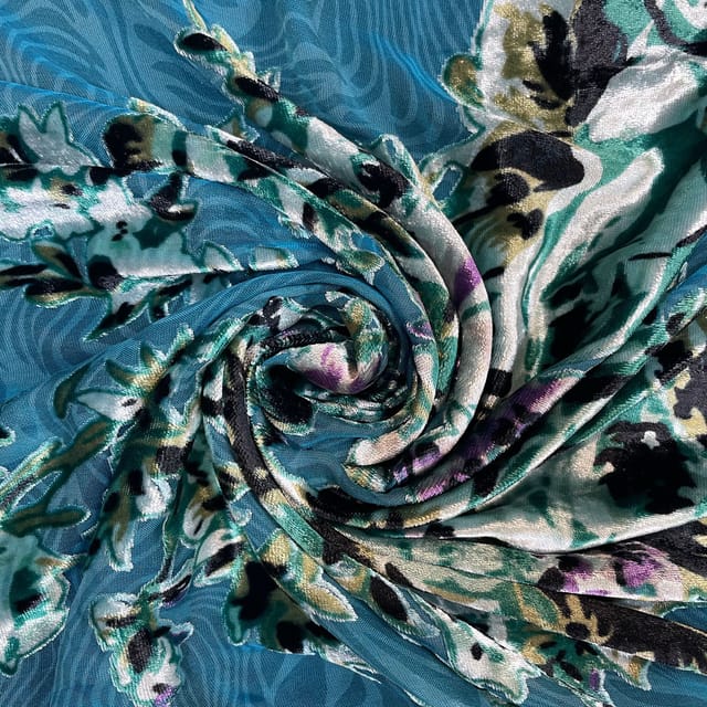 Turquoise Colour Velvet Brasso Printed Fabric