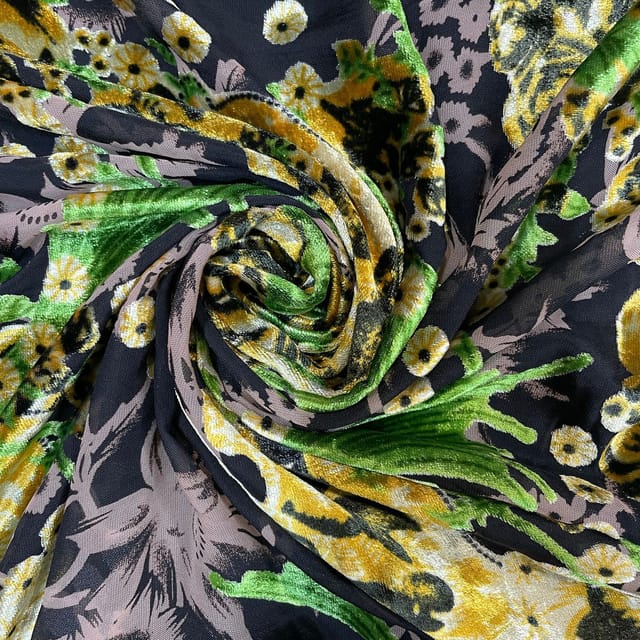 Black Colour Velvet Brasso Printed Fabric
