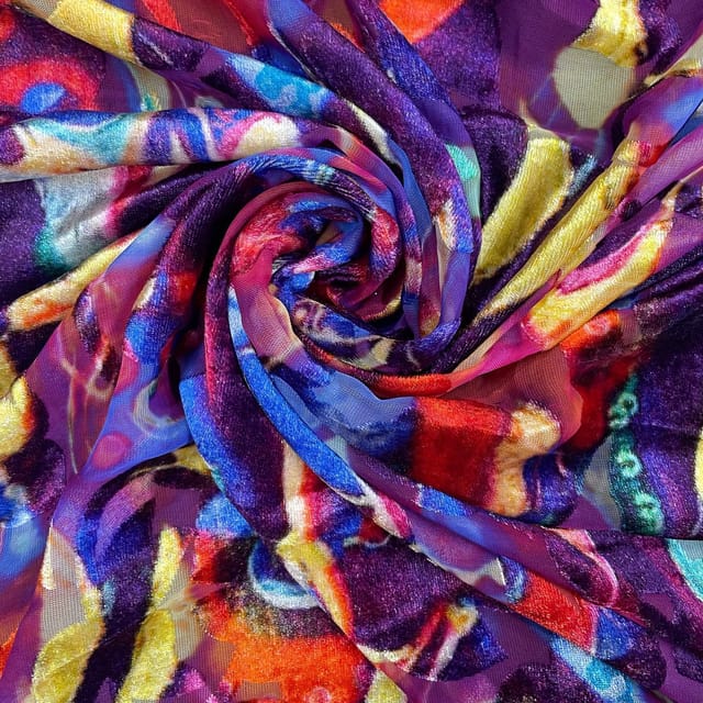 Purple Colour Velvet Brasso Printed Fabric