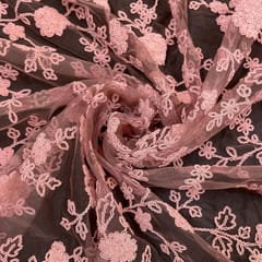 Pink Colour Net Embroidered Fabric