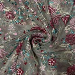 Pink Colour Net Embroidered Fabric