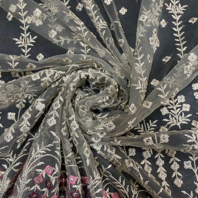 Light Gold Colour Net Embroidered Fabric