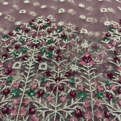 Pink Colour Net Embroidered Fabric