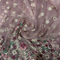 Pink Colour Net Embroidered Fabric