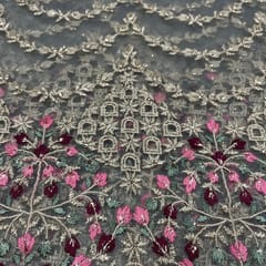 Grey Colour Net Embroidered Fabric