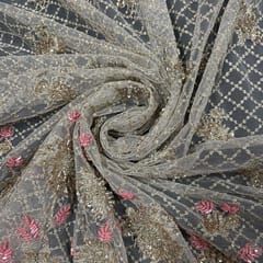 Beige Colour Net Embroidered Fabric