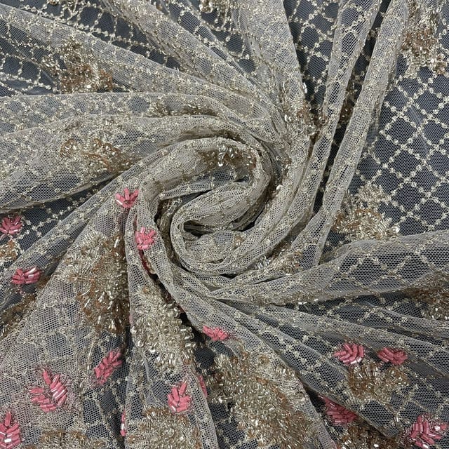 Beige Colour Net Embroidered Fabric