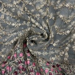 Grey Colour Net Embroidered Fabric