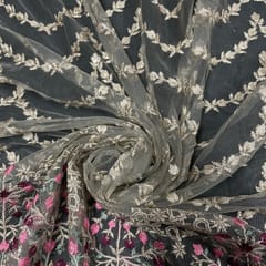 Beige Colour Net Embroidered Fabric