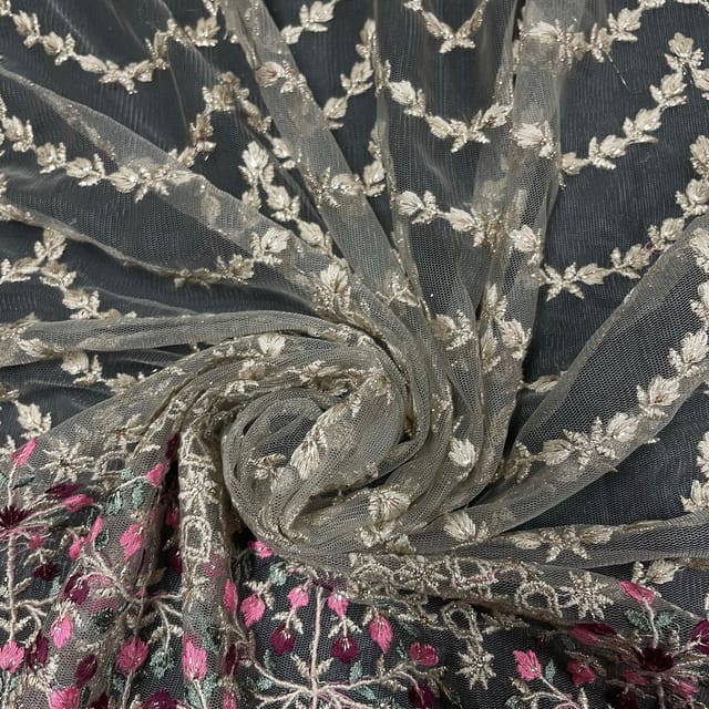 Beige Colour Net Embroidered Fabric