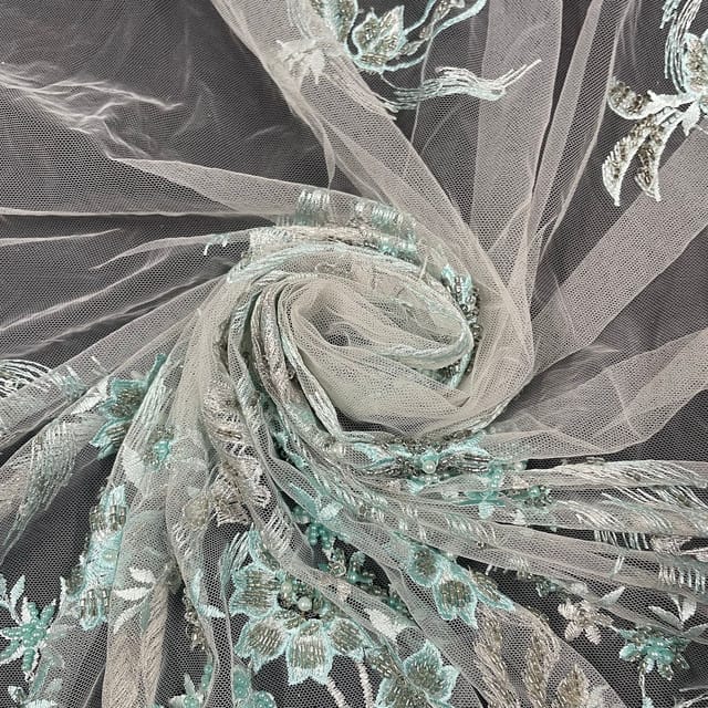 White Colour Net Embroidered Fabric
