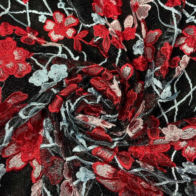 Black Colour Net Embroidered Fabric
