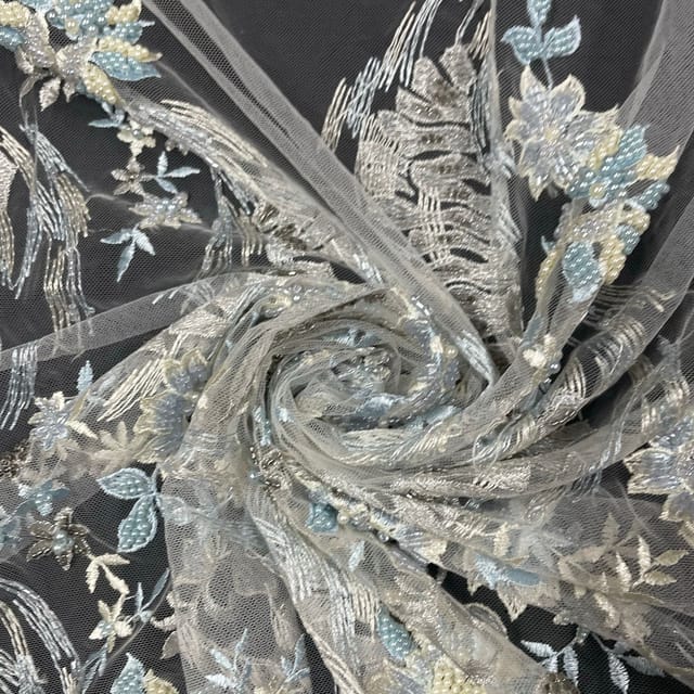 White Colour Net Embroidered Fabric