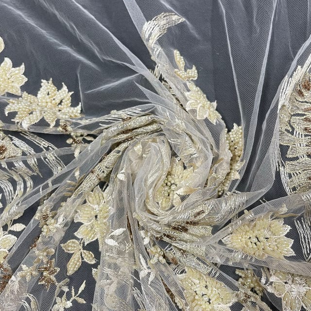 White Colour Net Embroidered Fabric