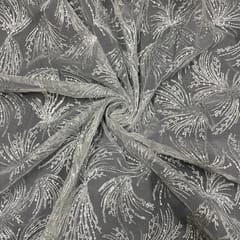 Grey Colour Net Embroidered Fabric