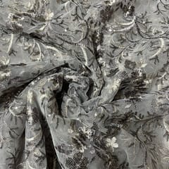 Grey Colour Net Embroidered Fabric