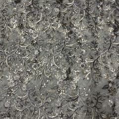 Grey Colour Net Embroidered Fabric