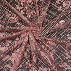 Pink Colour Net Embroidered Fabric