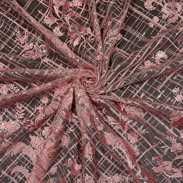 Pink Colour Net Embroidered Fabric